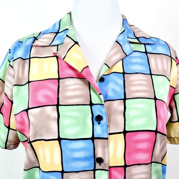 Vintage Checkered Size M 90's Button Up Shirt Bright Pastels Novelty - Picture 7 of 9